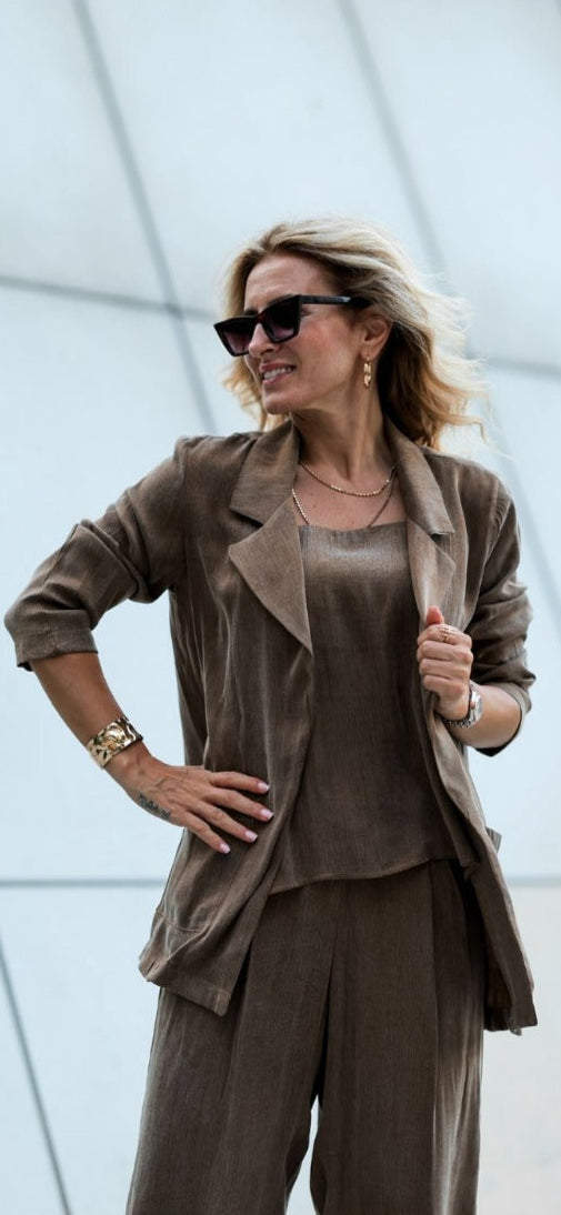 Women’s Brown Three-Piece Set – Pants, Blazer & Camisole Top