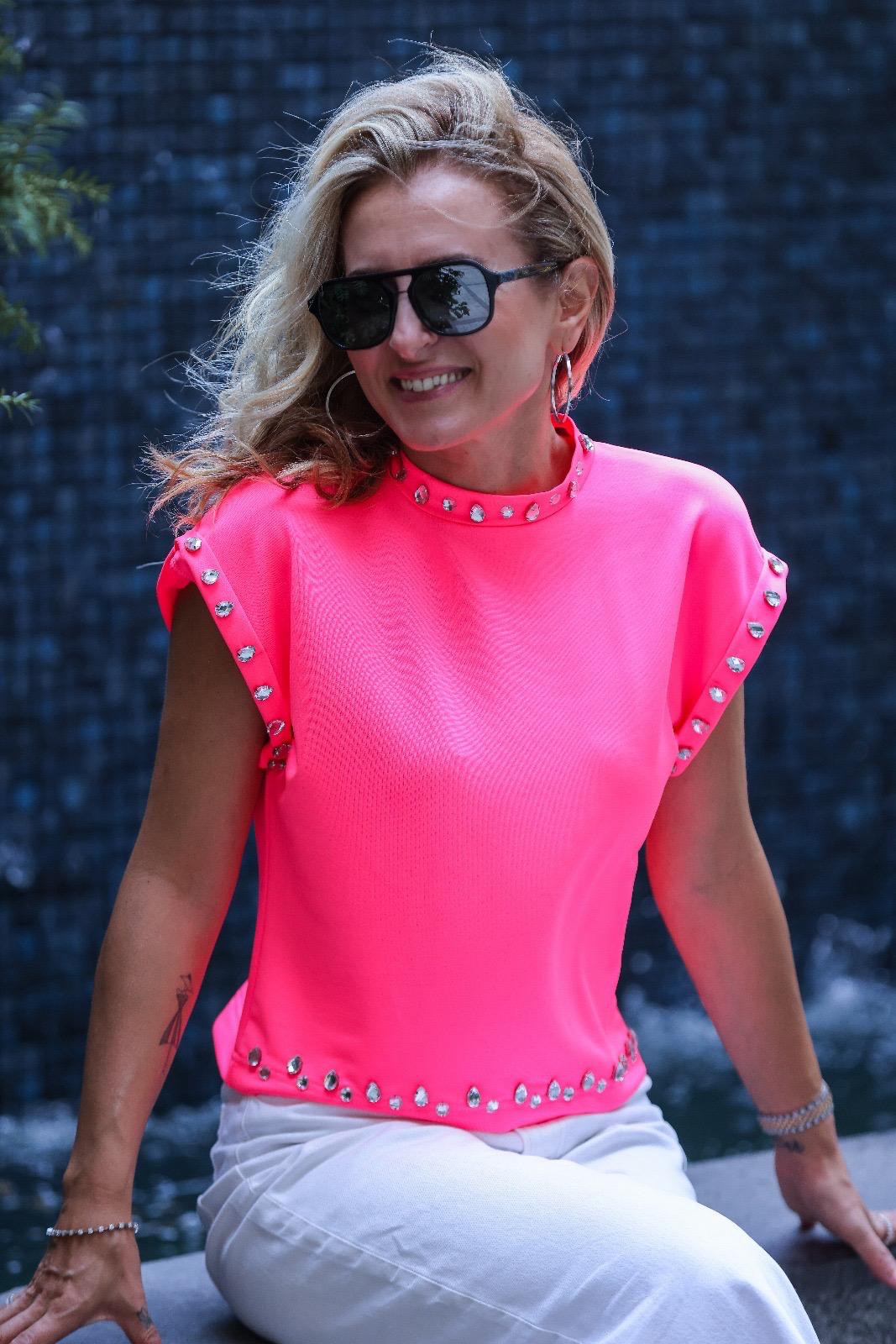 Neon Pink Crystal-Studded Knit Top – Glam Statement Piece