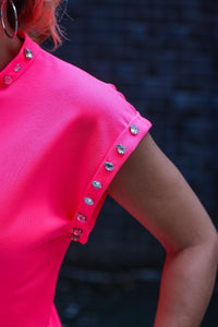 Neon Pink Crystal-Studded Knit Top – Glam Statement Piece