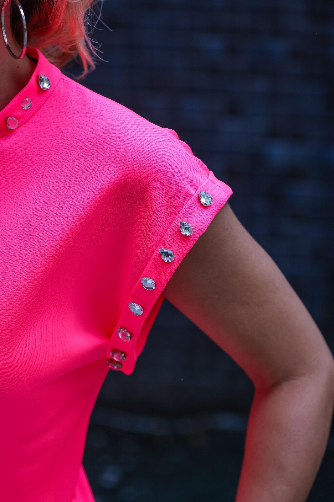 Neon Pink Crystal-Studded Knit Top – Glam Statement Piece