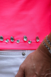 Neon Pink Crystal-Studded Knit Top – Glam Statement Piece