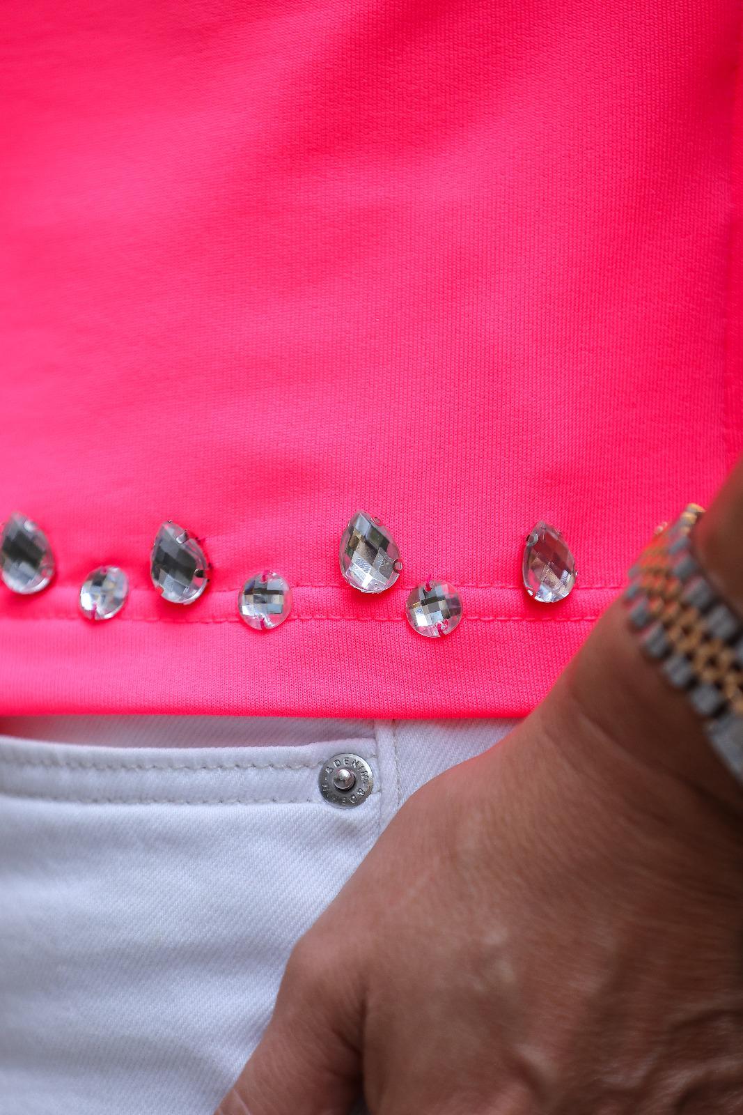 Neon Pink Crystal-Studded Knit Top – Glam Statement Piece