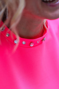 Neon Pink Crystal-Studded Knit Top – Glam Statement Piece