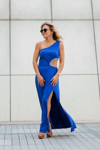 Aqua Blue Beaded Cut-Out One Shoulder Evening Dress