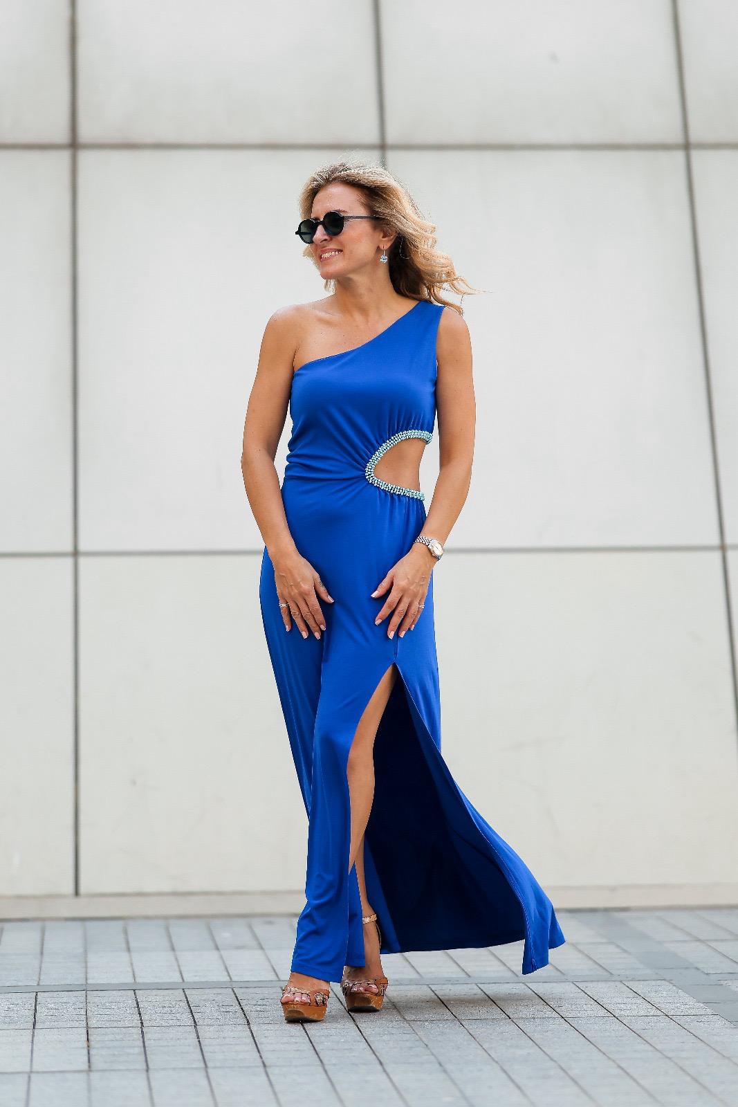 Aqua Blue Beaded Cut-Out One Shoulder Evening Dress