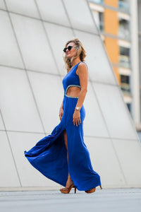 Aqua Blue Beaded Cut-Out One Shoulder Evening Dress