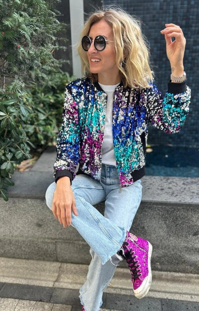 Colorful Sequin Bomber Jacket – Vibrant, Modern & Eye-Catching Style