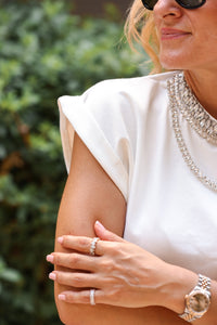 Crystal Embellished White Shoulder-Pad T-Shirt