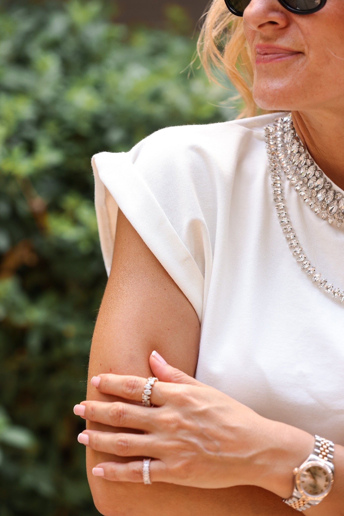 Crystal Embellished White Shoulder-Pad T-Shirt