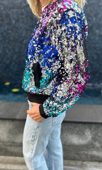 Colorful Sequin Bomber Jacket – Vibrant, Modern & Eye-Catching Style