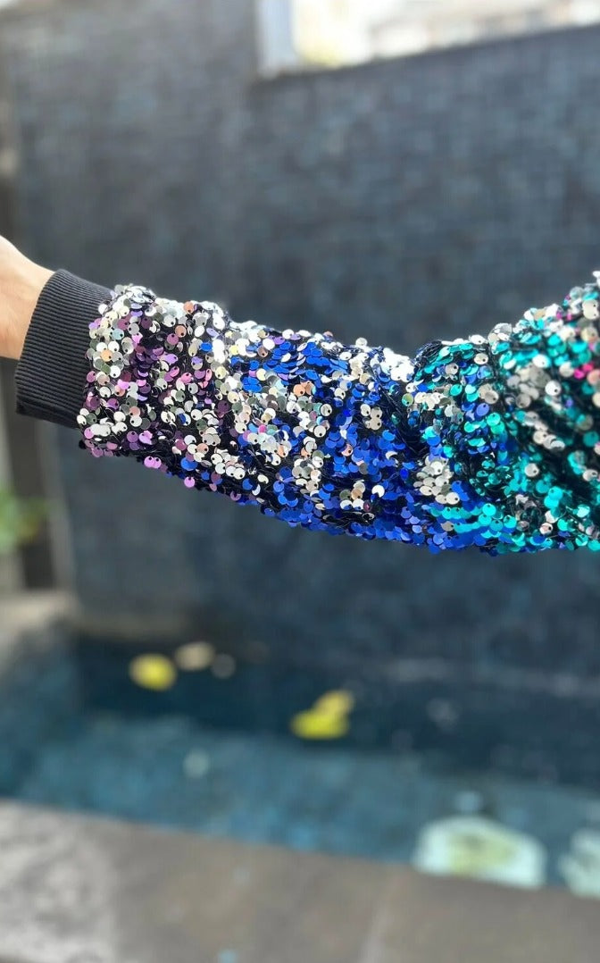 Colorful Sequin Bomber Jacket – Vibrant, Modern & Eye-Catching Style