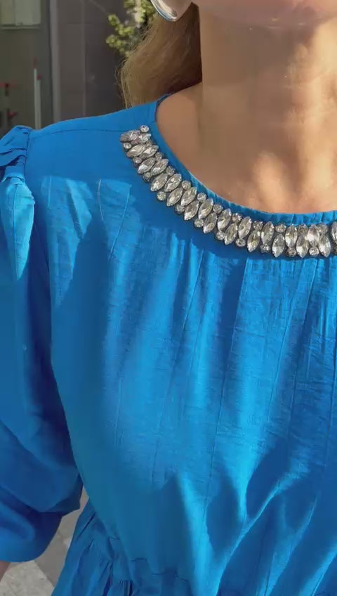 Parliament Blue Loose-Fit Dress with Swarovski Crystal Details
