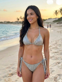 Gümüş Simli Zımba Detaylı Üçgen Bikini Takımı