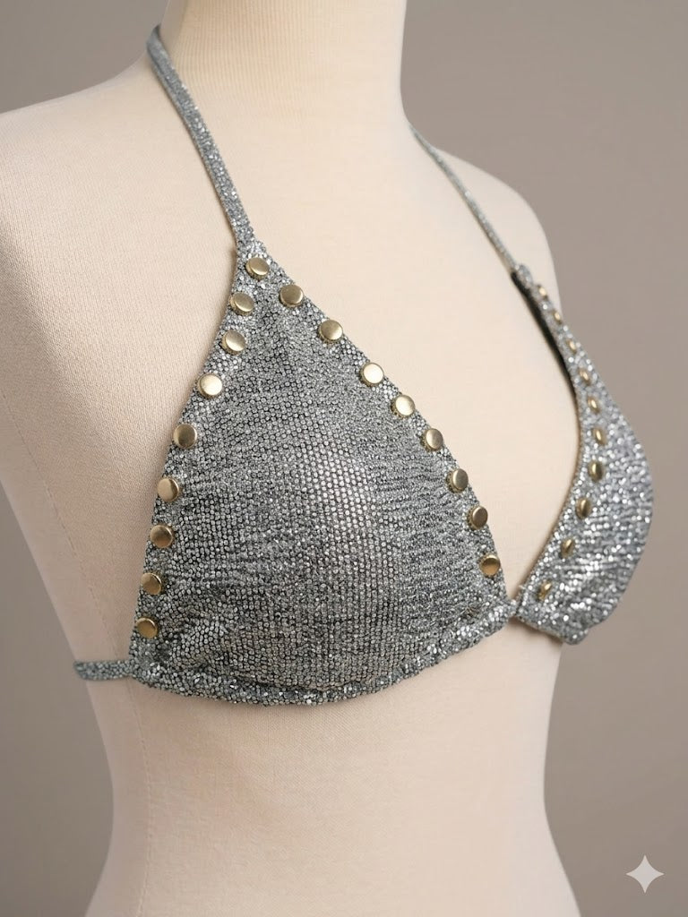 Gümüş Simli Zımba Detaylı Üçgen Bikini Takımı
